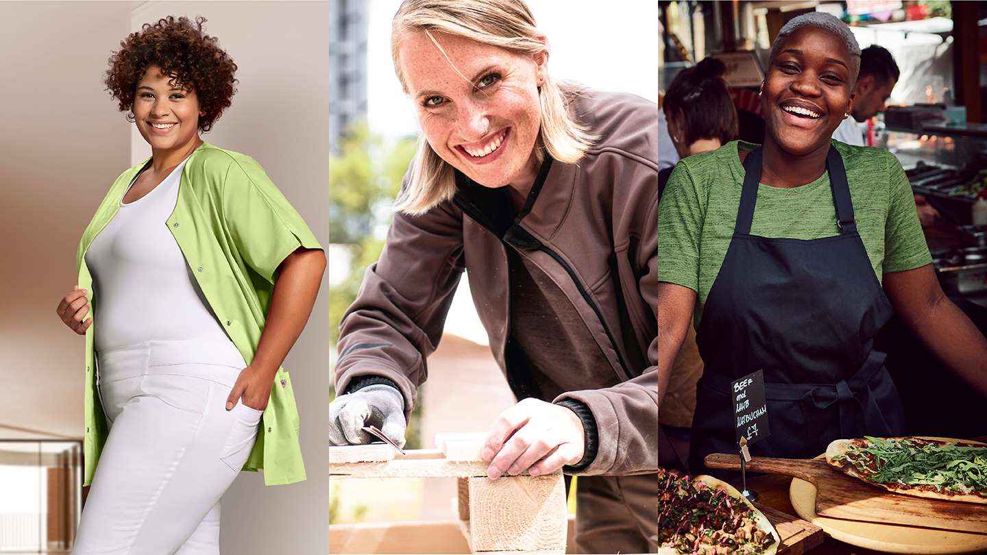 Drei Frauen in Berufsbekleidung: Pflege, Handwerk und Gastronomie, jeweils in passender Kleidung.